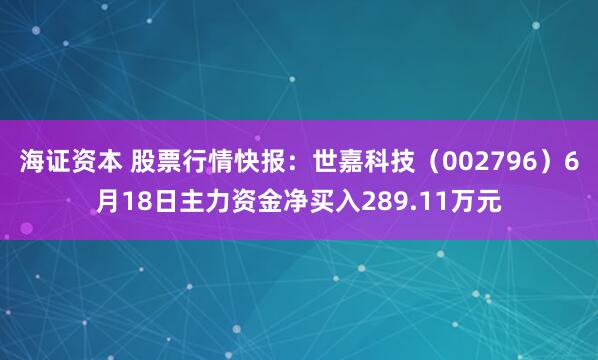 海证资本 股票行情快报：世嘉科技（002796）6月18日主力资金净买入289.11万元
