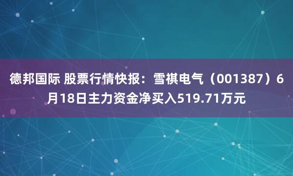 德邦国际 股票行情快报：雪祺电气（001387）6月18日主力资金净买入519.71万元